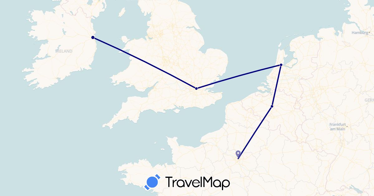 TravelMap itinerary: driving in Belgium, France, United Kingdom, Ireland, Netherlands (Europe)